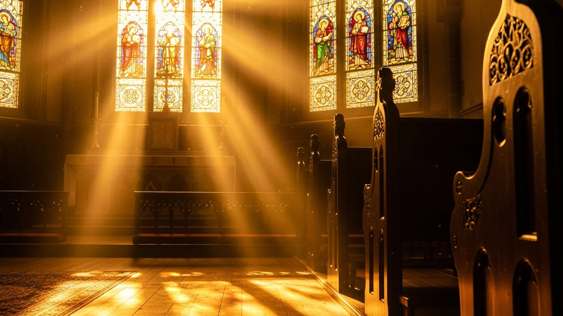 PrayLamp daily Scripture readings with morning light through stained glass