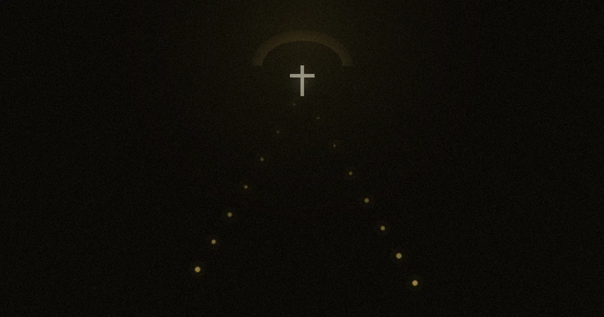 A sacred pathway with golden station markers leading toward a cross, representing the Stations of the Cross